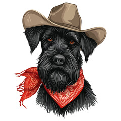 Black Russian Terrier Dog Head wearing cowboy hat and bandana around neck