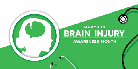 Brain Injury Awareness Month. Women, brain, and stestoscope. Card, banner, social media, poster and more.  White and green background. 