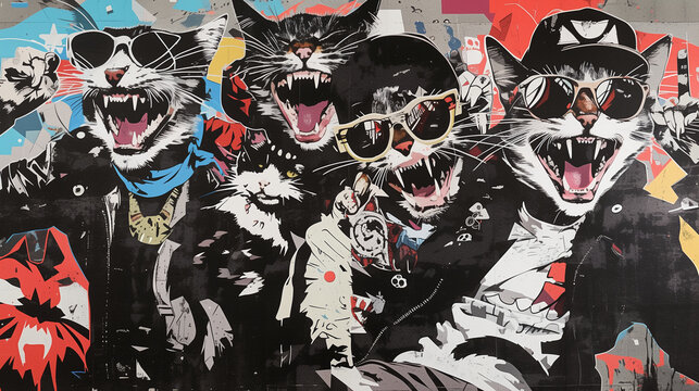 
punk rock cats in the style of pop art cartoonish collage