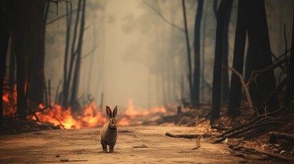 A hare runs from a forest fire. Animals escape from fire