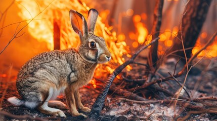Naklejka na ściany i meble A hare runs from a forest fire. Animals escape from fire