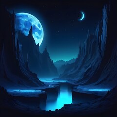Fantasy night landscape with a crescent moon, a large fault in the earth, a ravine, blue neon.