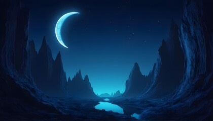 Fantasy night landscape with a crescent moon, a large fault in the earth, a ravine, blue neon. - obrazy, fototapety, plakaty