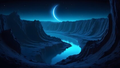 Fantasy night landscape with a crescent moon, a large fault in the earth, a ravine, blue neon.