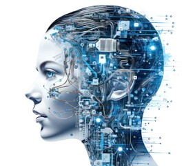 Realistic Artificial intelligence. Computer mind connections head. Human 3D head with circuit board inside. Engineering concept. Technology web background. Virtual concept