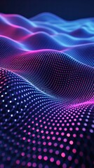 Futuristic data techno wave on dark background. Colored pattern of connection dots and lines. Virtual big data digital code. Technology or Science Banner.