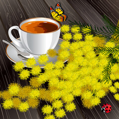 A cup of coffee and a bouquet of mimosa.Vector illustration with a cup of coffee and a bouquet of mimosa on a wooden background.