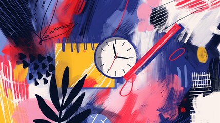 An abstract illustration depicting the concept of time management, featuring a prominent clock at the center surrounded by various abstract elements representing productivity and organization.