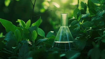 Green Chemistry: A beaker and flask surrounded by lush green leaves, symbolizing the harmonious blend of science and nature in biotechnological advancements