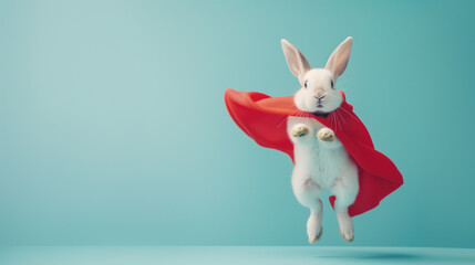 Superhero Bunny, Cute bunny with a red cloak jumping and flying on light blue background with copy space. The concept of a superhero, super bunny, leader, funny animal studio shot. 