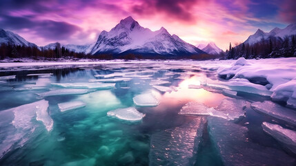 Fototapeta na wymiar Frozen lake in winter season with aurora background