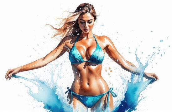 attractive caucasian female in bikini with water splashes. sexy swimsuit, watercolor illustration.