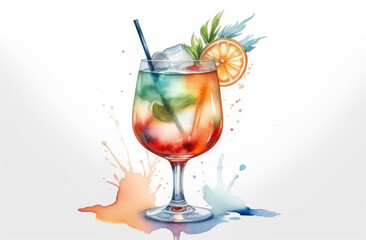 alcohol drink in glass with orange slice and straw. watercolor illustration of refreshing cocktail