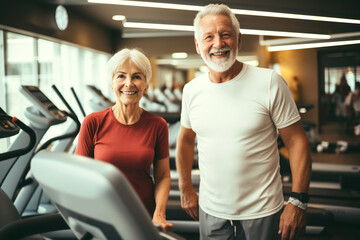 Fototapeta na wymiar Mature retired couple in the gym on the treadmill. Happy senior citizen man and woman leading a healthy lifestyle.