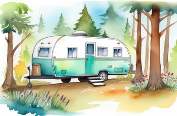 watercolor illustration of home on wheels parked in forest. vacation in wild nature.