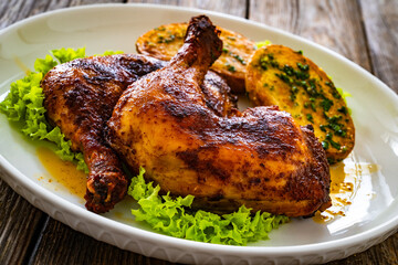 Baked chicken thighs with fried potatoes on wooden table

