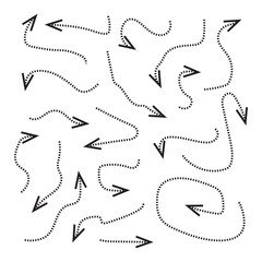 Doodle arrows. Hand drawn line pointers, pencil sketch elements, round curly wavy direction arrows. Vector linear black arrow set isolated on white background in eps 10.