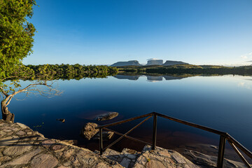 Small Tepuis Kurun, Kusary and Kurawaik across Carrao River in Ucaima, part of Canaima National Park. Venezuela