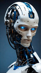 A profile view of a humanoid robot with a visible intricate blue circuitry inside the head, reflecting advanced artificial intelligence technology.