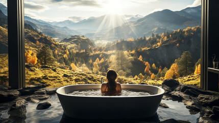 Woman in bathtub with mountain view background - obrazy, fototapety, plakaty