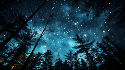 Fototapeta na wymiar Pine trees in the forest and twinkling stars with beautiful night sky