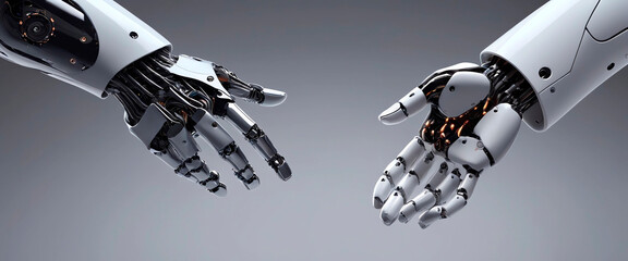 Handshake between a businessman and robotic hand, a meeting with technology concept.