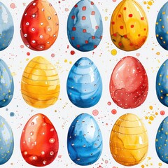 
Easter print design of colorful eggs on a white background, drawing with paints. Painted Easter eggs ornament, pattern, print for printing on paper or fabric. Easter holiday template.