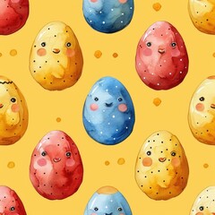 Easter print design of colorful eggs on a yellow background, drawing with paints. Painted Easter eggs ornament, pattern, print for printing on paper or fabric. Easter holiday template.