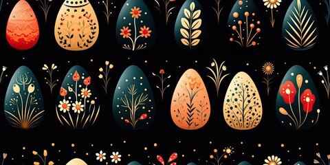 Easter print design of colorful eggs on a black background, drawing with paints. Painted Easter eggs ornament, pattern, print for printing on paper or fabric. Easter holiday template.
