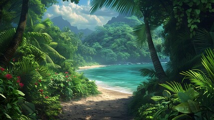 Lush tropical foliage leading to a hidden beach, a secret paradise discovered at the end of a jungle path  - obrazy, fototapety, plakaty