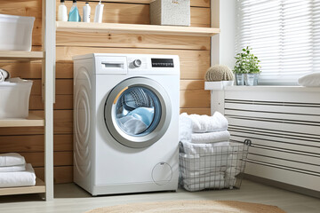 Household appliances for the home, washing machine washing clothes in the house - obrazy, fototapety, plakaty