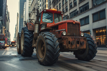 agricultural tractor on the city streets, blocking streets and meeting with demands