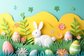 Easter illustration, cute cute rabbit with Easter eggs in children's paper cut style, colorful bright banner
