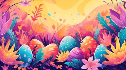 Fototapeta na wymiar Easter illustration, with Easter eggs, colorful bright banner with empty space for text