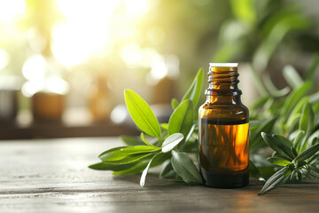 Tea tree oil in amber bottle with fresh leaves on a wooden table, natural light.