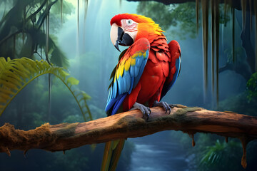 Colorful macaw parrot sitting on a branch in the jungle - Ai Generated