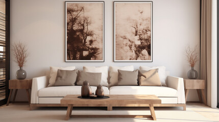 Contemporary Living Room with Beige Sofa and Monochrome Botanical Art