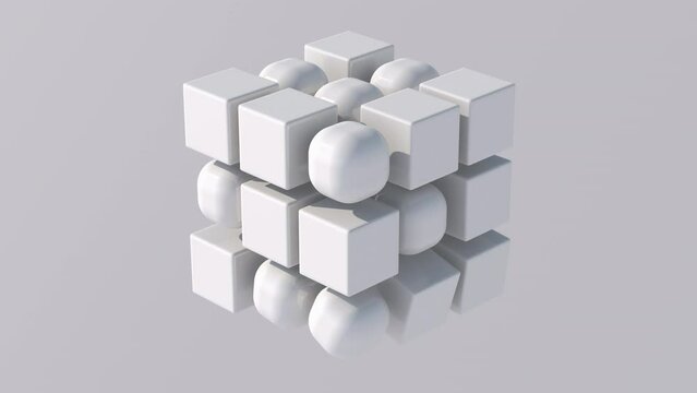 Group of white cubes and spheres rotating and morphing. White background. Abstract animation, 3d render.