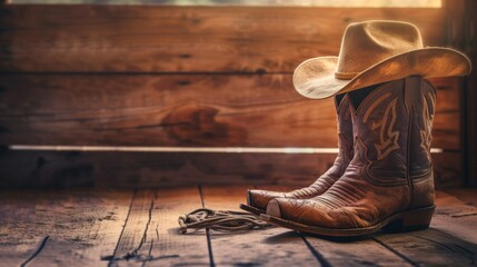 Vintage style wild west retro cowboy hat and pair of old leather boots on wooden floor. - obrazy, fototapety, plakaty