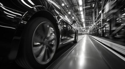 A dynamic black and white blur captures the speed and precision of car manufacturing in a cutting-edge factory