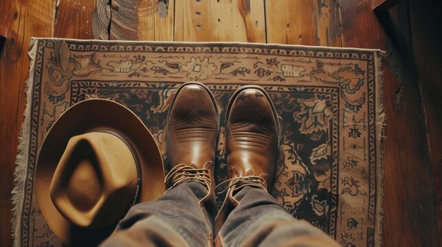 Vintage style wild west retro cowboy hat and pair of old leather boots on wooden floor.