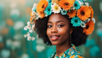 Ethereal floral portrait of beautiful african woman with gentle tones in teal and orange colors