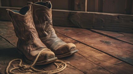 Vintage style wild west retro cowboy hat and pair of old leather boots on wooden floor. - obrazy, fototapety, plakaty