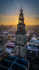 Martinitoren (tower) by sunset in Groningen, The Netherlands