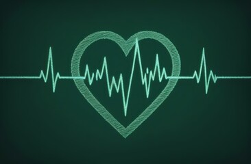 cardiogram line with a heart in the middle of the line drawn in chalk on a uniform dark green background