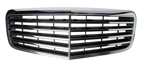 radiator grille on a white background made of shiny chromed metal is an element of the car body...