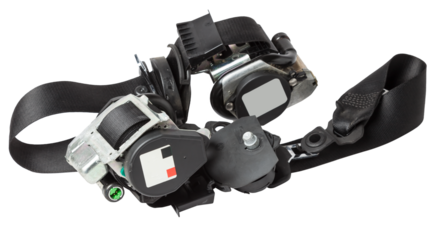 Spare part and interior element black seat belt from a car on a white isolated background. Auto service industry.