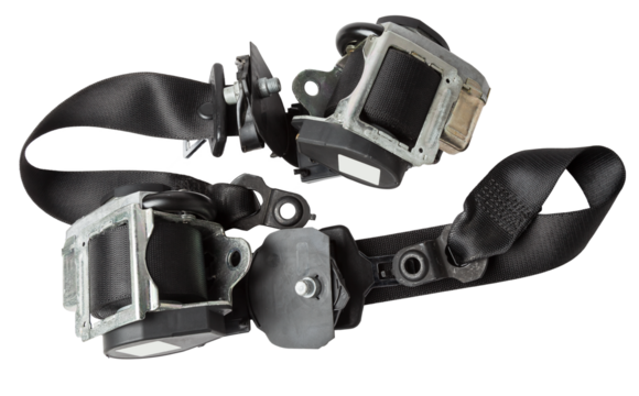 Spare part and interior element black seat belt from a car on a white isolated background. Auto service industry.