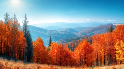 Mountain landscape in full autumn glory, layers of forests in varying shades of orange, gold, and red under a clear blue sky 
