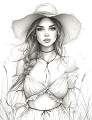 girl in a straw hat. page for adult and children coloring book